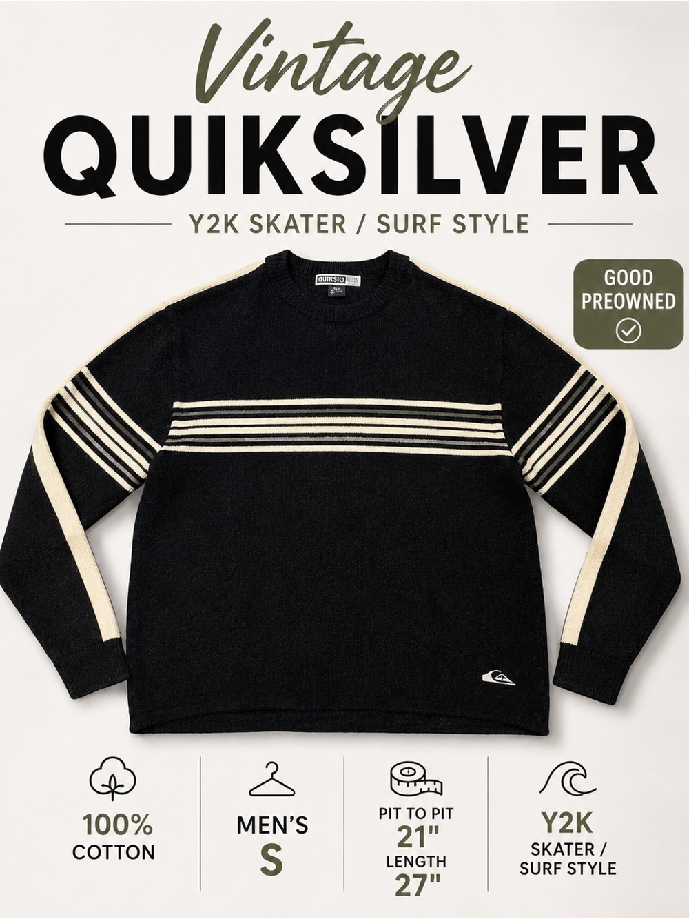 Vintage Quiksilver Striped Knit Sweater 100% Cotton Black Grey